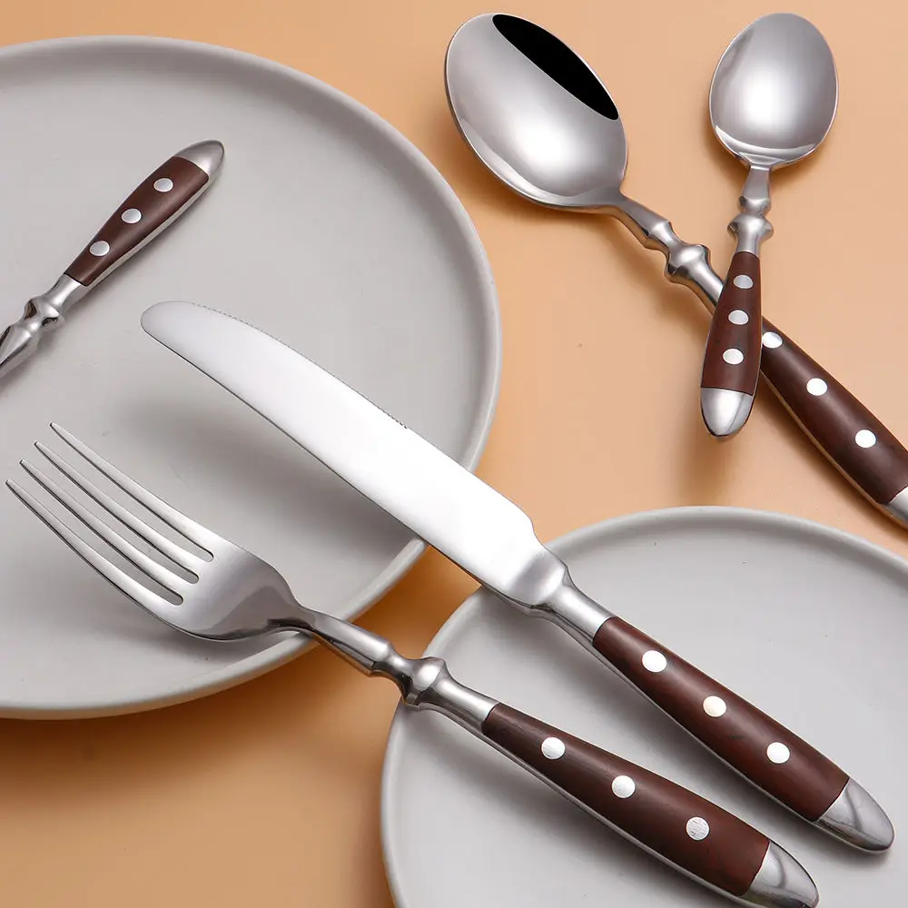 430 Stainless Steel Riveted Dinner Knife Fork And Spoon In Wood-grain Style 6 Pieces, Main Dining Knife And Fork Hotel Tableware