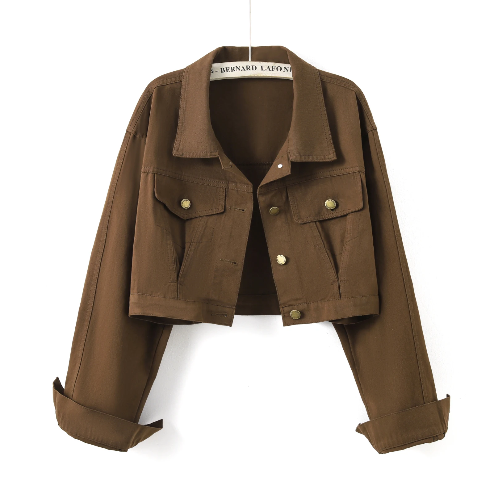 Retro Brown Short Denim Jacket Turndown Collar Long Sleeves Loose Fashion Versatile Jacket 2025 Spring Autumn New Women's Top