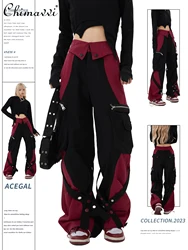 Monos rojos para mujer, pantalones de pierna ancha de cintura alta, estilo mecánico, Pantalones rectos con múltiples bolsillos Y2k, otoño e invierno, 2024