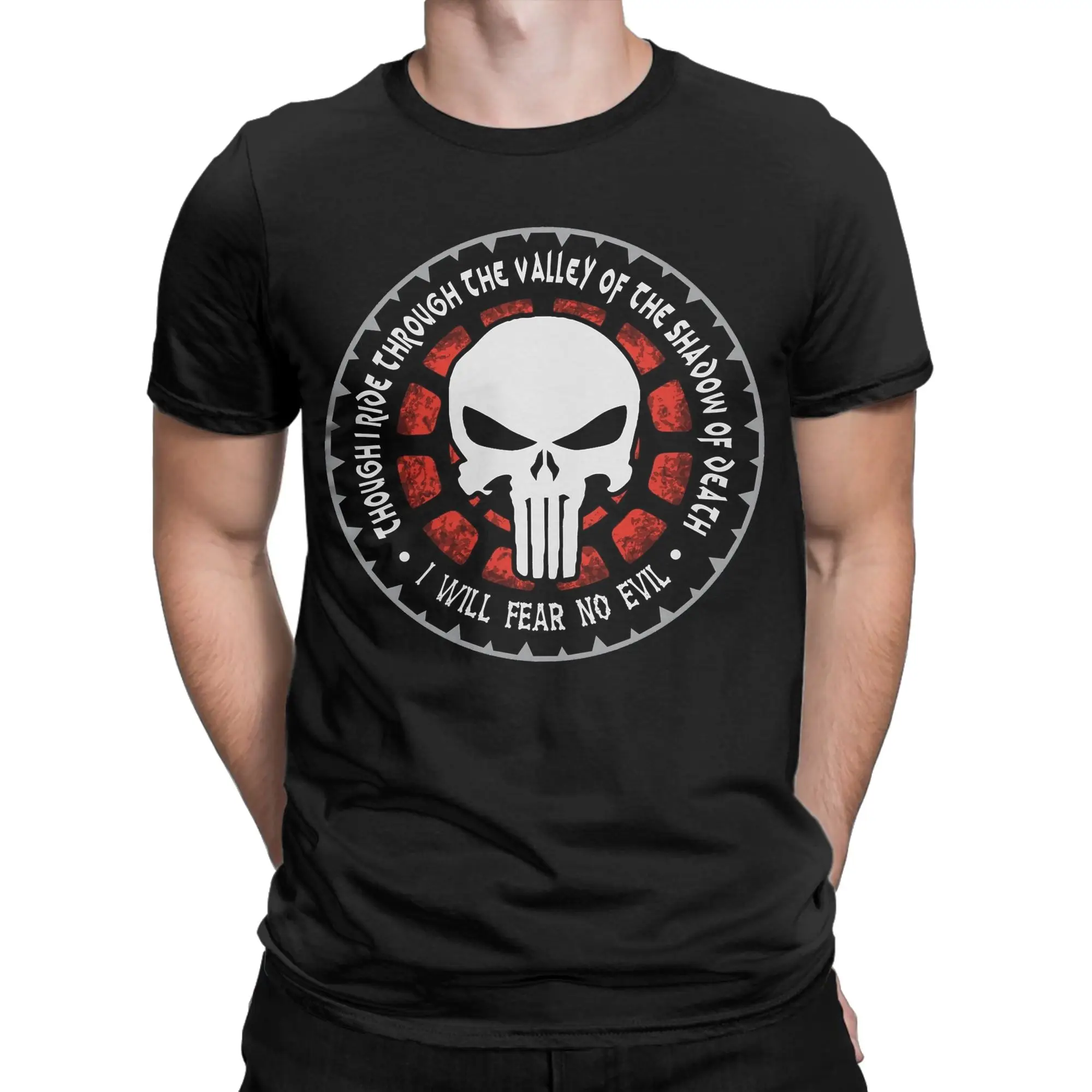 Vintage Punisher Skull Tshirts Men Crewneck Clothing Ride Through The Valley Of The Shadow Of Death  Cotton Summer Top Tee