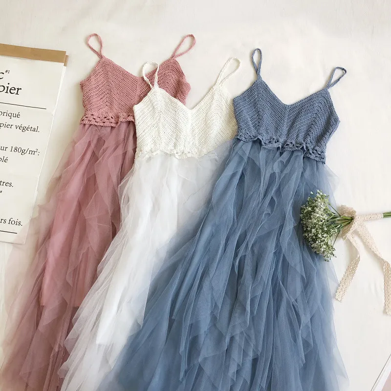 

Summer Women Knitted Patchwork Spaghetti Strap Dress V Neck Sleeveless Irregular Mesh Dresses Lady A Line Long Ball Gown Vestido