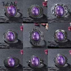 925 Sterling Silver Vintage Rings Oval Natural Charoite Beads Rings for Women Gift Wedding Anniversary Fine Jewelry