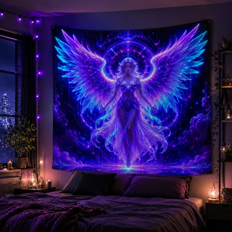VIKAMA Mystic Angel Tapestry Glowing Purple Wing Cosmic Sacred Geometry Dark Sky Wall Art for Meditation Room Decor