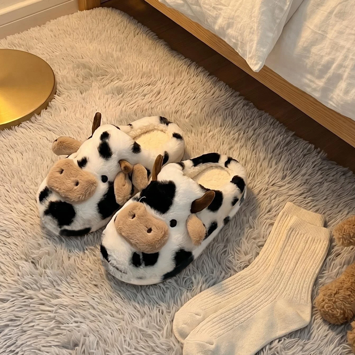 A Pair of Cute Cartoon 3D Cow Plush Slippers for Women, Comfortable Fluffy Home Slippers with Soft Soles for the Bedroom, Cute 3D Milk-Themed Warm Non-Slip Indoor Slippers, Lightweight and Silent Comfortable Shoes for Women, a Top Choice for Holiday Gifts
