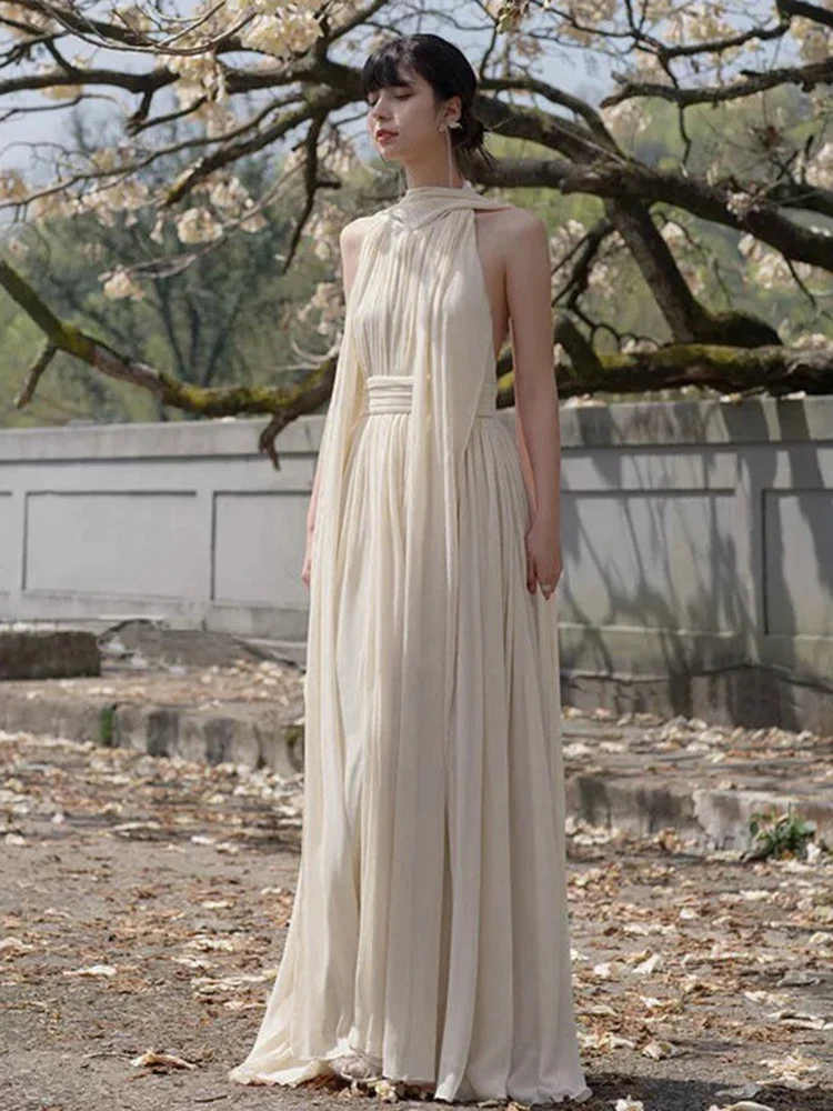 Elegante backless lange jurken lente dames mouwloze halterjurk zomer hoge taille losse trui rits knielengte jurk