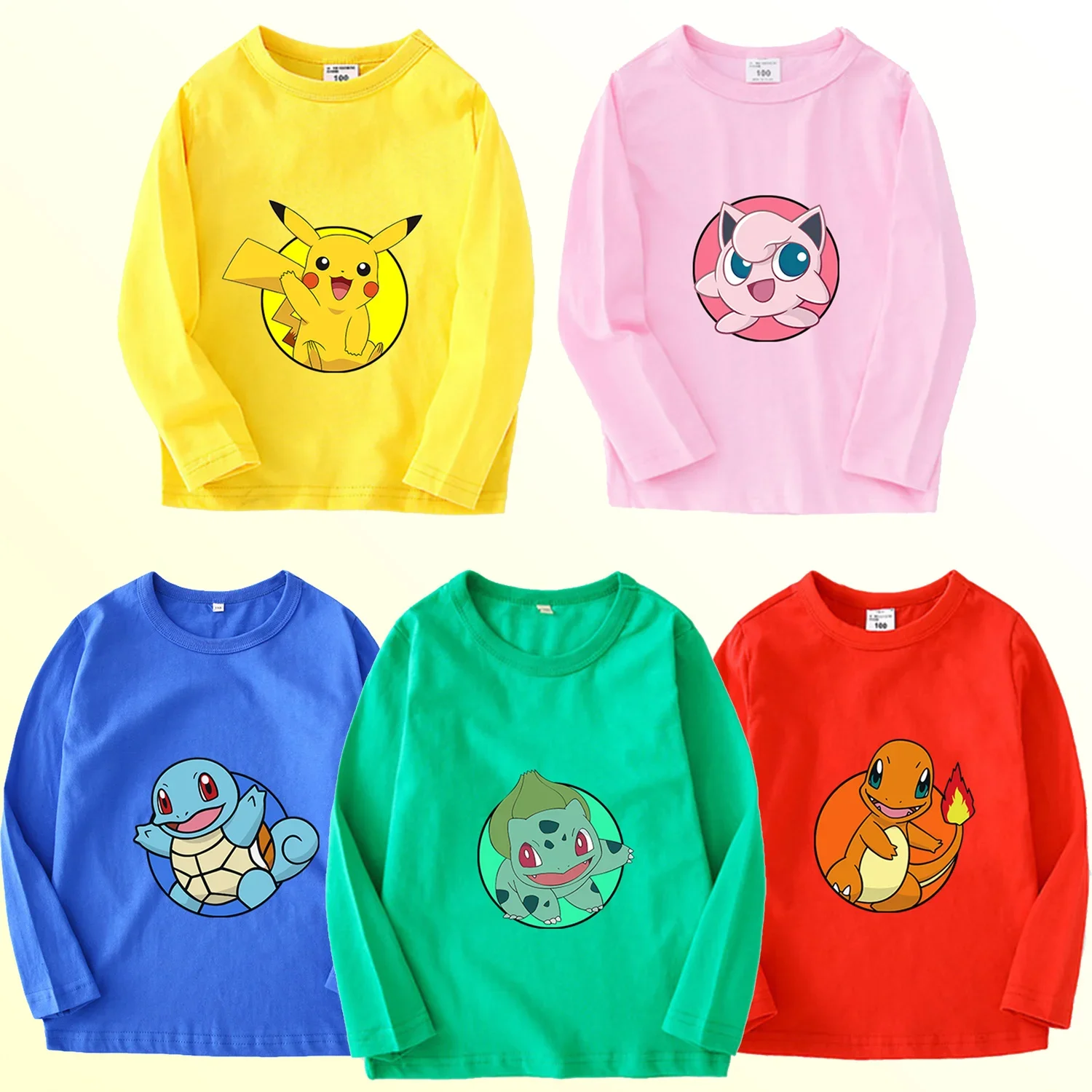 Pokemon Kids Clothes Long Sleeve Shirt Colorful Anime Pullover Round-neck Tee Cute Cartoon Figure Baby Clothing Birthday Gift