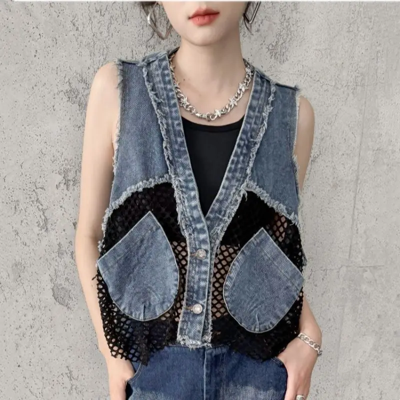 Vintage V-neck Denim Vest Patchwork Mesh Women Y2k Clothes Summer Sleeveless Slim Tank Top Harajuku Button Cropped Jacket Tank