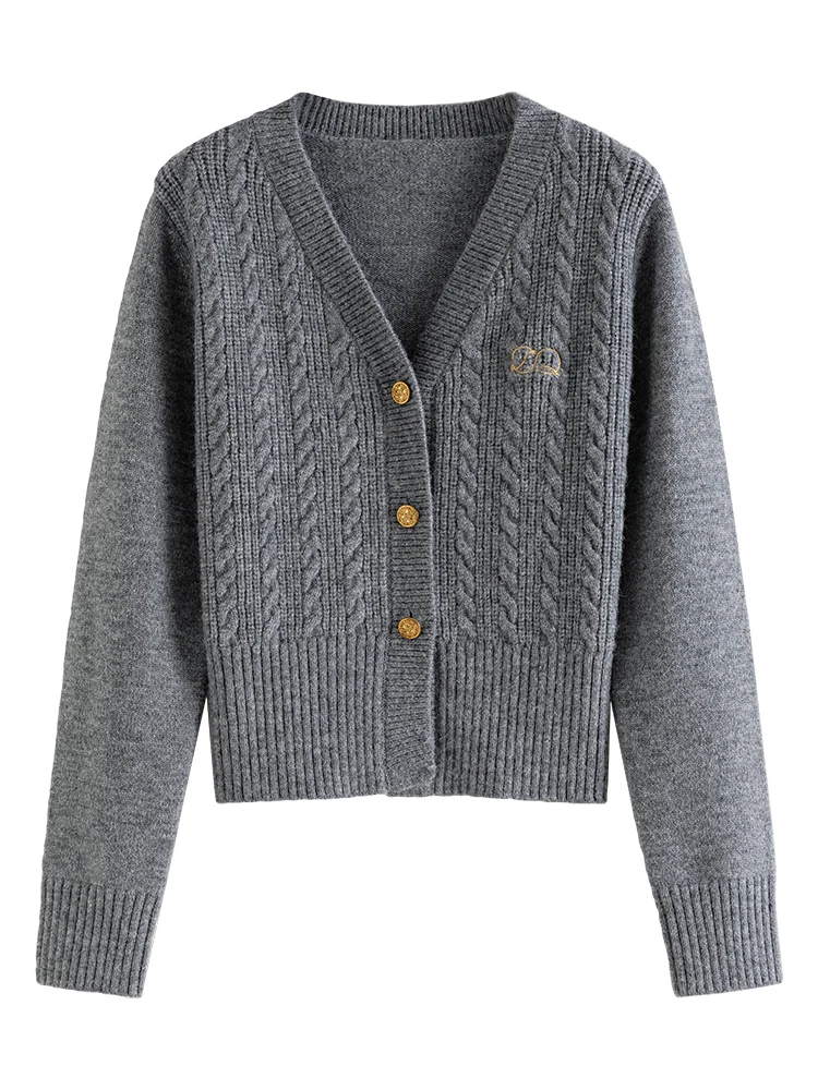 ZIQIAO Cardigan maglione grigio da donna con scollo a V corto invernale lavorato a maglia top stile college bottone cardigan monopetto 23ZQ94210