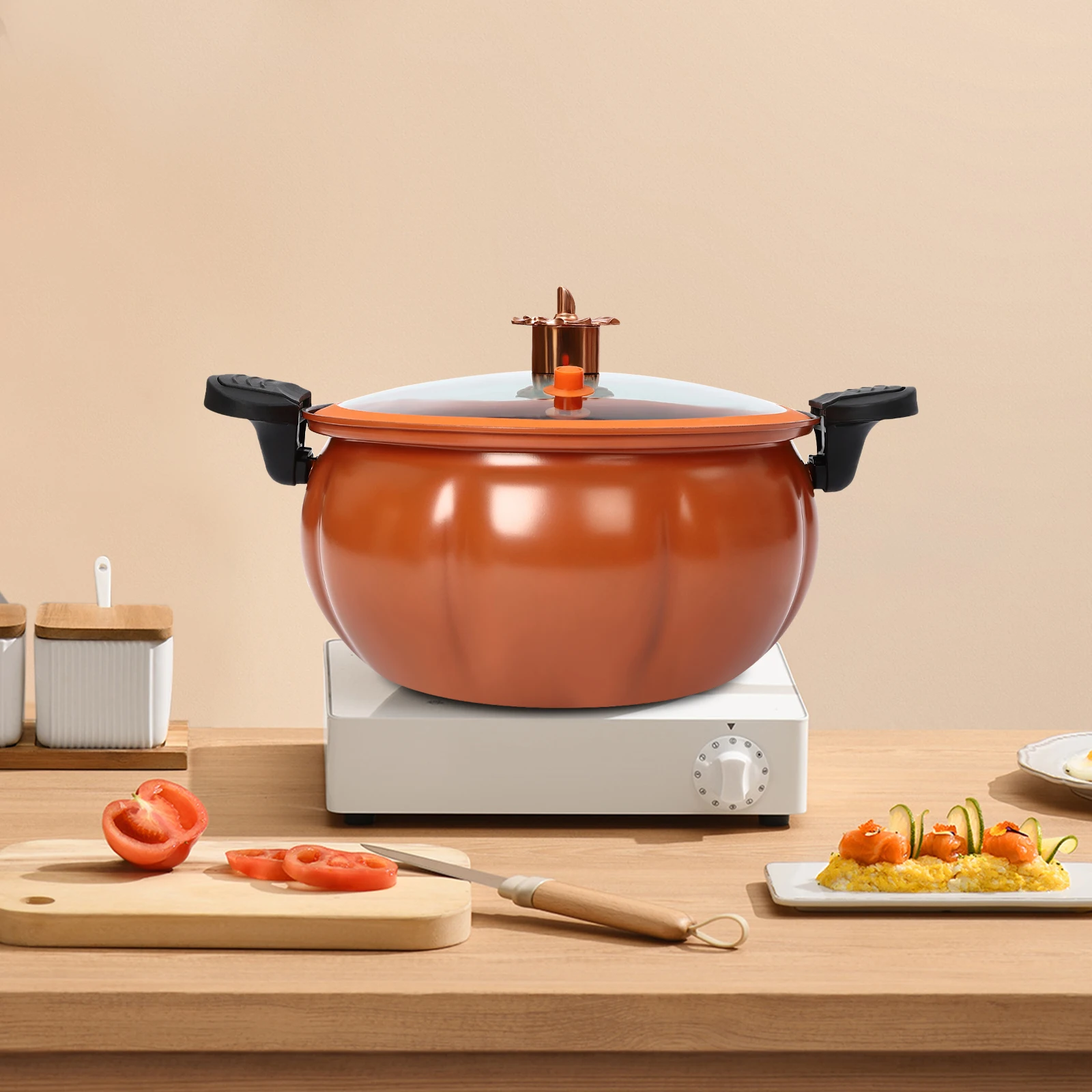

Orange Food-Grade Aluminum Alloy 8L Micro Pressure Cooker, Pumpkin-Shaped Pot for Home Kitchen
