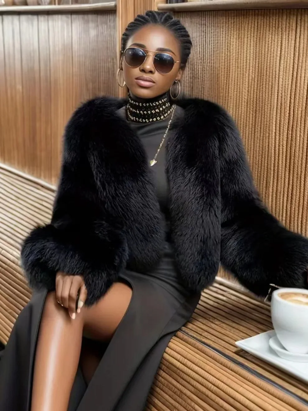 Wide Collar Long Sleeve Faux Fur Coat Loose Fluffy Short Winter Warm Outerwear for Women Party Daily Outfit