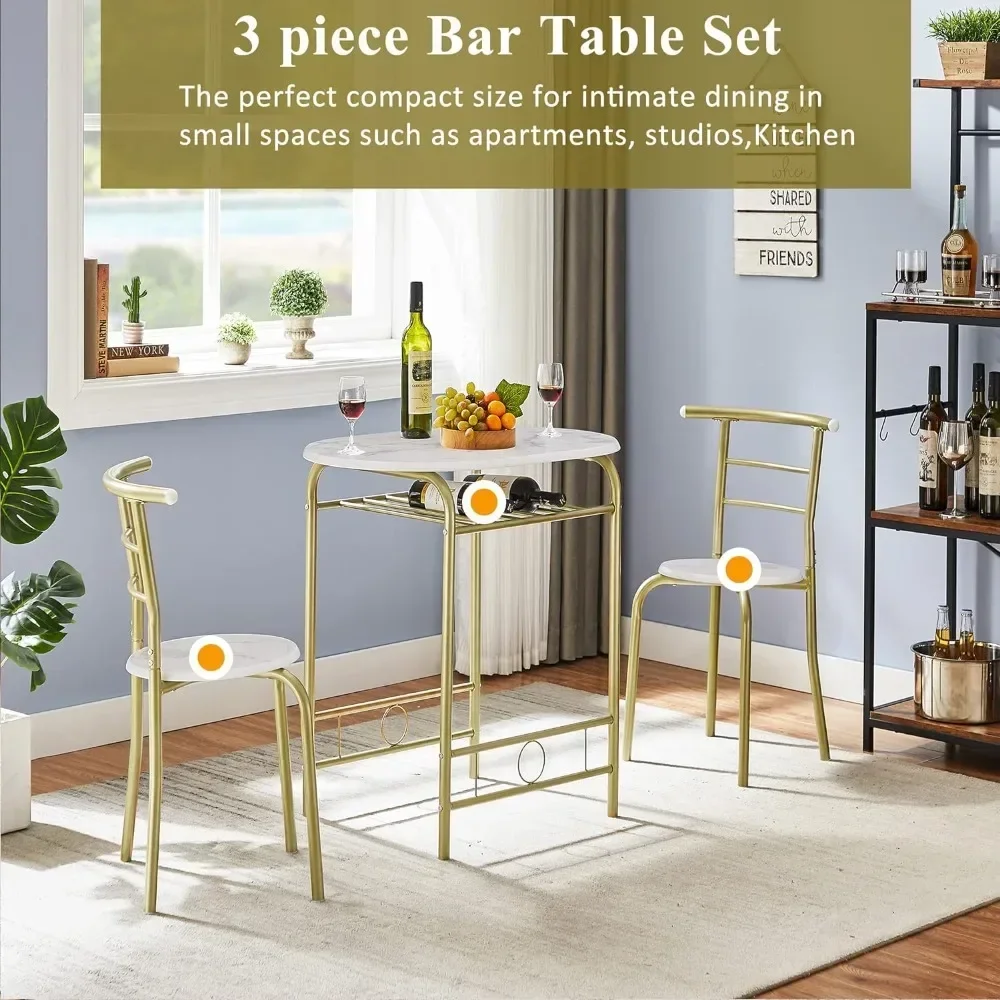 3 Piece Small Round Dining Table Set for Kitchen Breakfast Nook, Wood Grain Tabletop with Wine Storage Rack, Save Space, 31.5