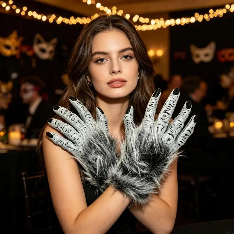 Textured Creature Gloves Pair with Plush Trim for Cosplay Use 6XDA