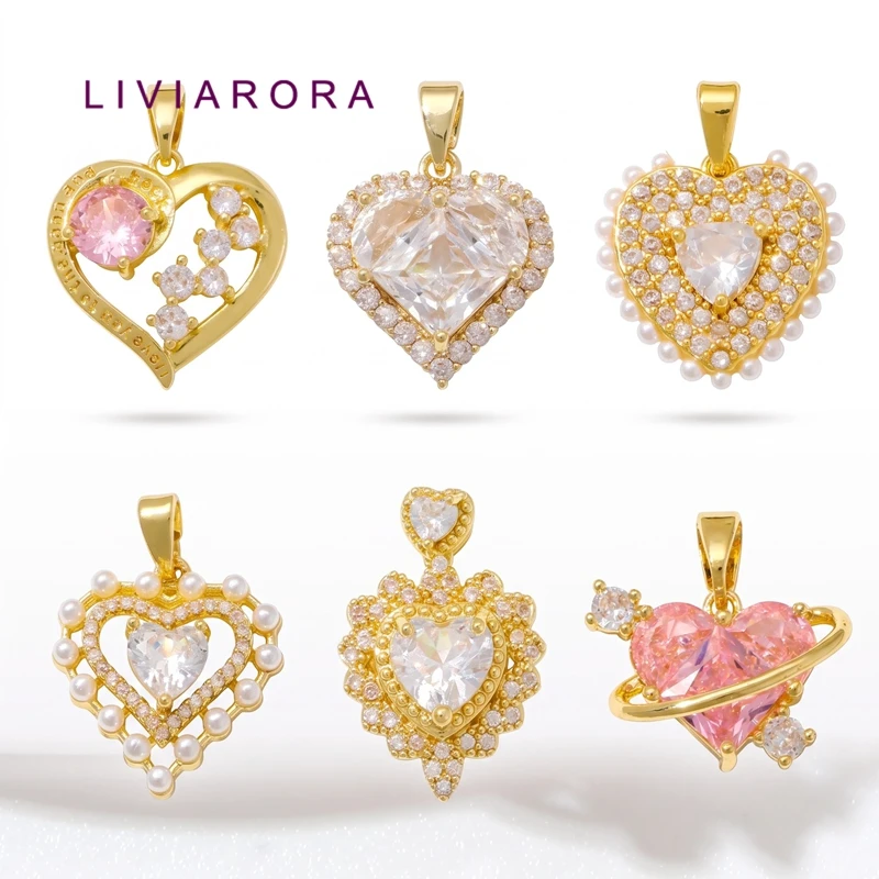 2Pcs Multi Styles 18K Gold Plated Brass Heart Pendant for Necklace Making,CZ Love Charms Pendant For Women Valentine’s Day Gift