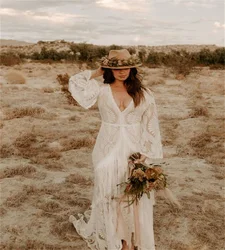 Gehaakte kanten franje Boho trouwjurk Plus maat V-hals zeemeermin Boheemse strandbruidjurken Flare lange mouw Civiel op maat