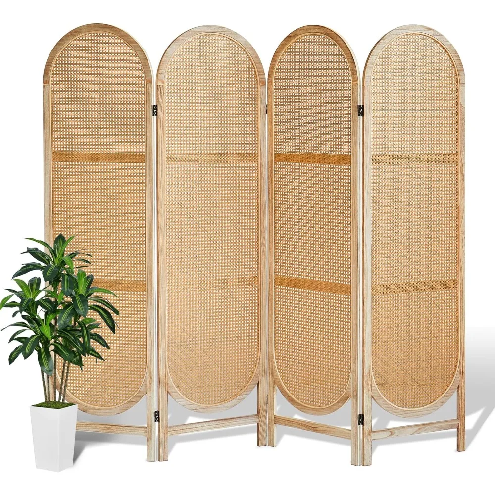 4 Panels Room Dividers, Foldable Wooden Room Dividers, Individual Privacy Screens Made of Hand-Woven Rattan, Portable Wall Divid