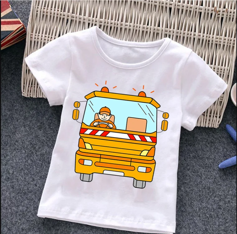 Fire Truck Print 2023 Children's T-shirt  Summer Short Sleeve Tshirt Cartoon Harajuku Girl Boy  Top Tee