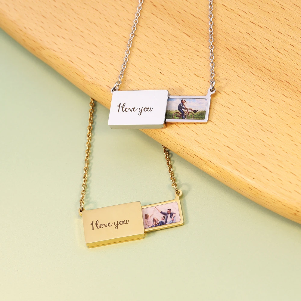 Custom Color Photo Necklace Pull-out Photo Envelope Necklace Jewelry for Women Personalized Mother Kids Pictures Pendant Chokers