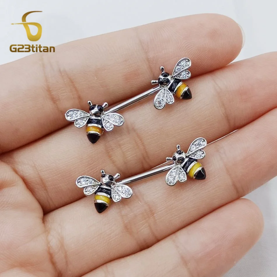 Cute Bee Shape 2pcs Nipple Rings Titanium Or Steel Barbell Nipple Piercings Charm Accessory Women Body Shield Bar Jewelry 14G image 3