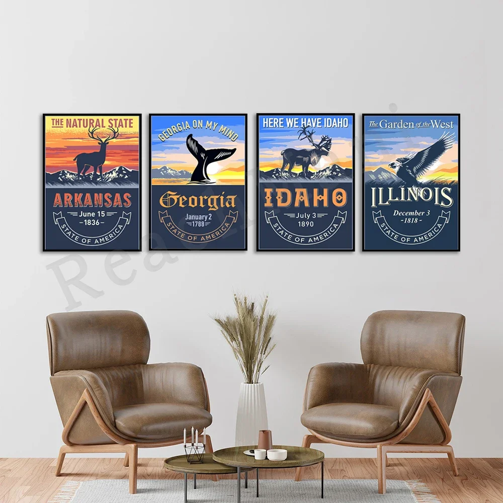 United States Illinois State Poster, Idaho,Hawaii,Georgia,Colorado,Retro Travel State Poster