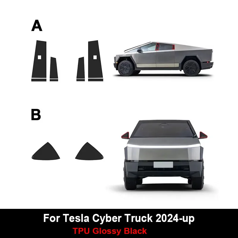 

For Tesla Cybertruck 2024-Up TPU Black Glossy Anti-Scratch Accessories Car B Pillar Paint Protection Film Clear Bra PPF Kit