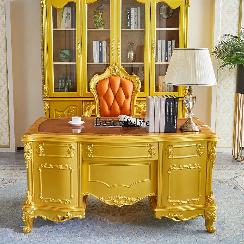 

ls 18European luxury all solid wood solid wood table high-end palace gold desk study furniture