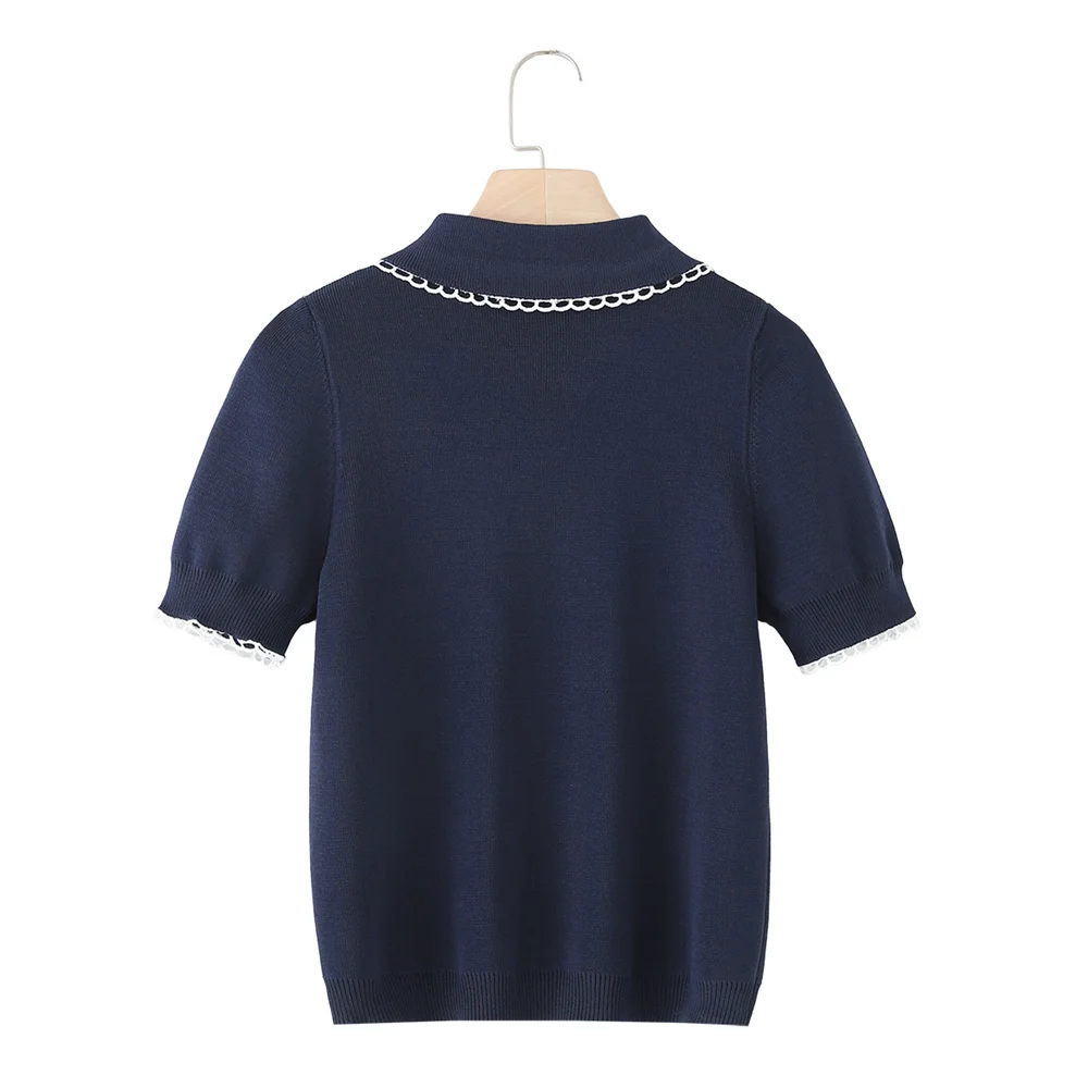 Haut tricoté décontracté à manches courtes et revers pour femme, nouveau produit d'automne de style européen et américain