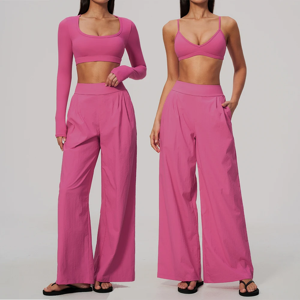Womens 2 Piece Yoga Set Gym Clothing Fitness Suit Workout Tracksuit Running Sportswear Outfits U Neck Long Sleeve Bra Wide Leg
