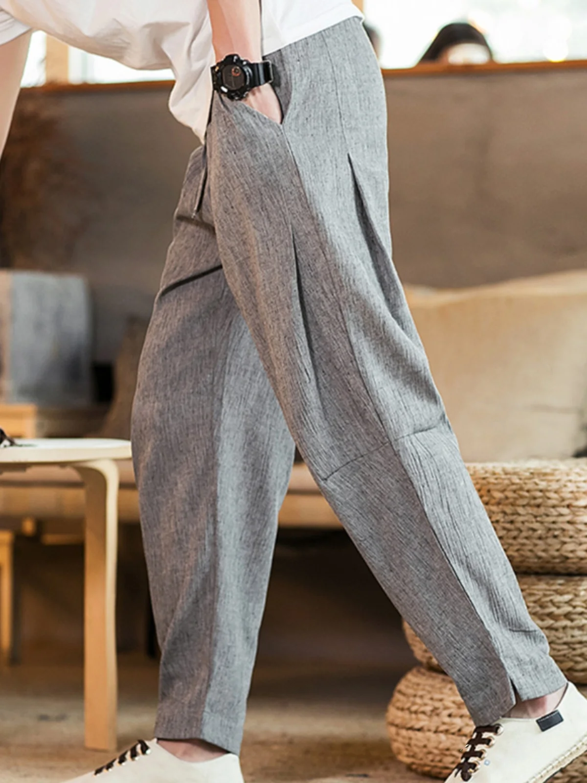 

Men's Summer Thin Cotton Linen Casual Pants Ice Silk Air Conditioning Nine Points Harajuku Sle Loose Fit Leisure Faion Trend