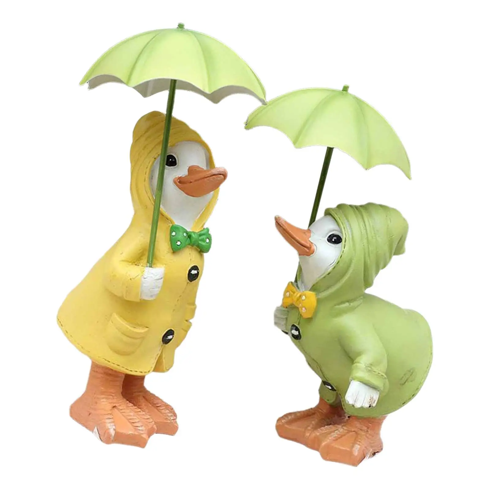 2x Duck Statues with Umbrella Raincoat Funny Gift Desktop Photo Prop Animal Garden Figurines for Collections Bookshelf Fish Pond