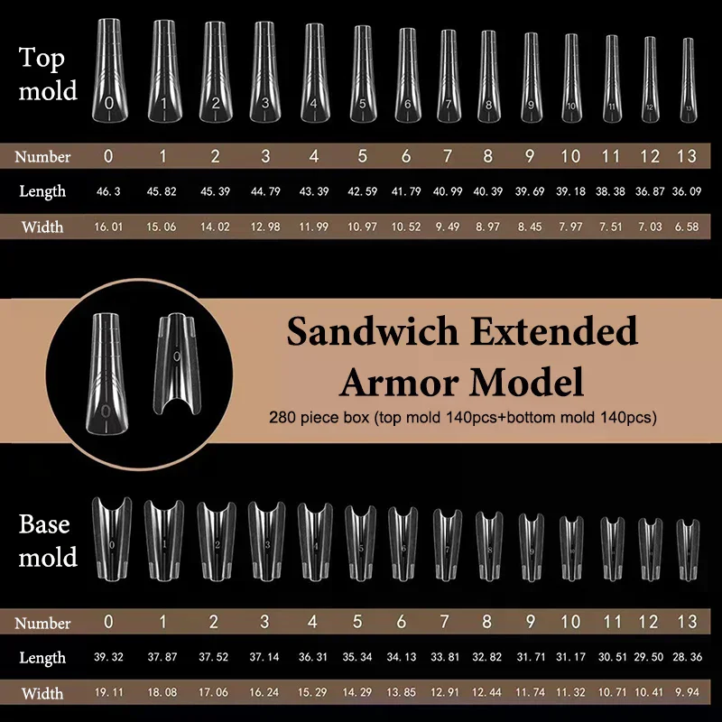 280 pçs sanduíche formas duplas extensão do prego molde superior caixão amêndoa acrílico moldes inferiores superiores 14 tamanhos formas de unhas