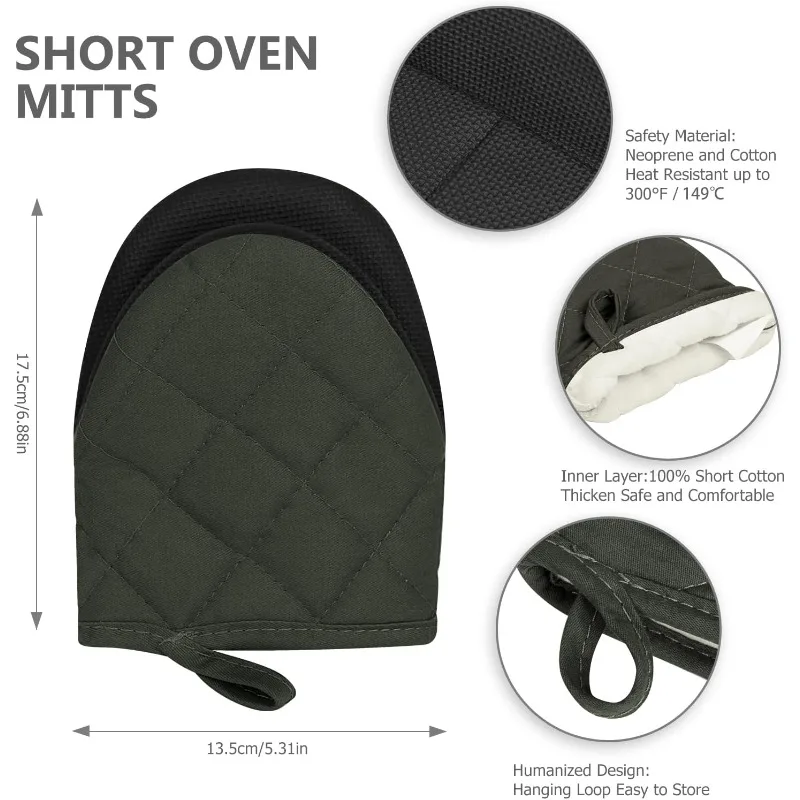 1 Pair Kitchen Oven Gloves High Heat Resistant Short Oven Mitts with Non-Slip Grip Surfaces and Hanging for BBQ Baking Cooking