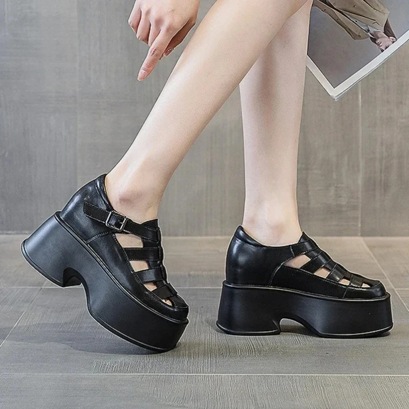 

2025 женские сандалии на платформе, летние женские туфли из натуральной кожи на толстой подошве, модные женские летние сандалии на высоком каблуке 11 см