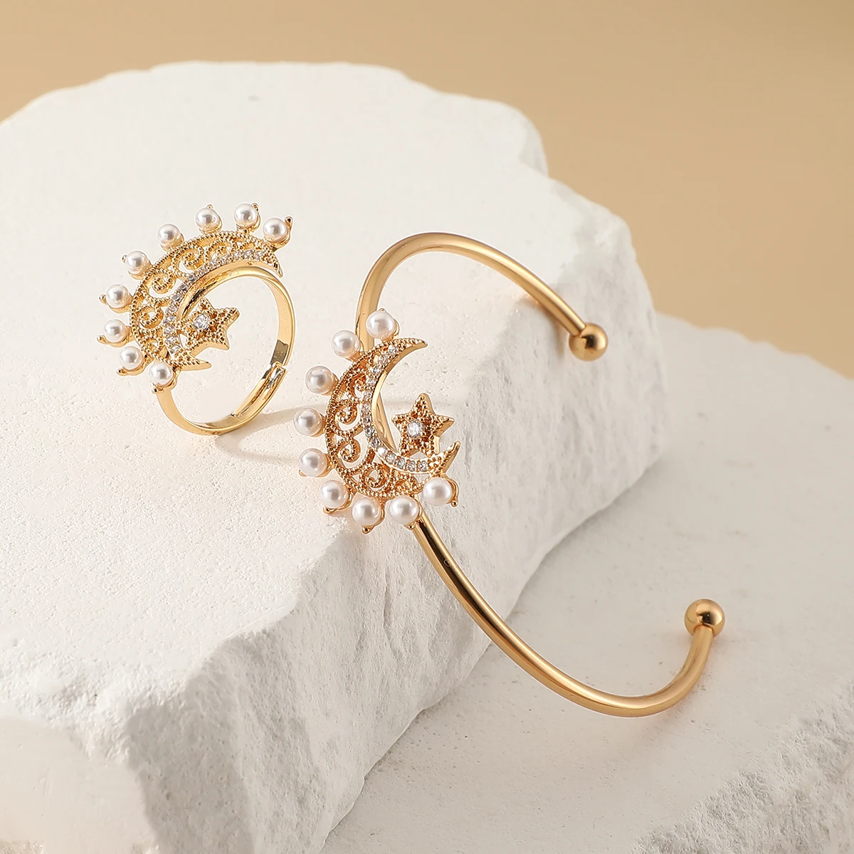 Frauen Mode süße Gold Perle Zirkon offene Manschette Armreif Ring Set arabischen Stil Mond Start aushöhlen Design Hochzeit Schmuck Set