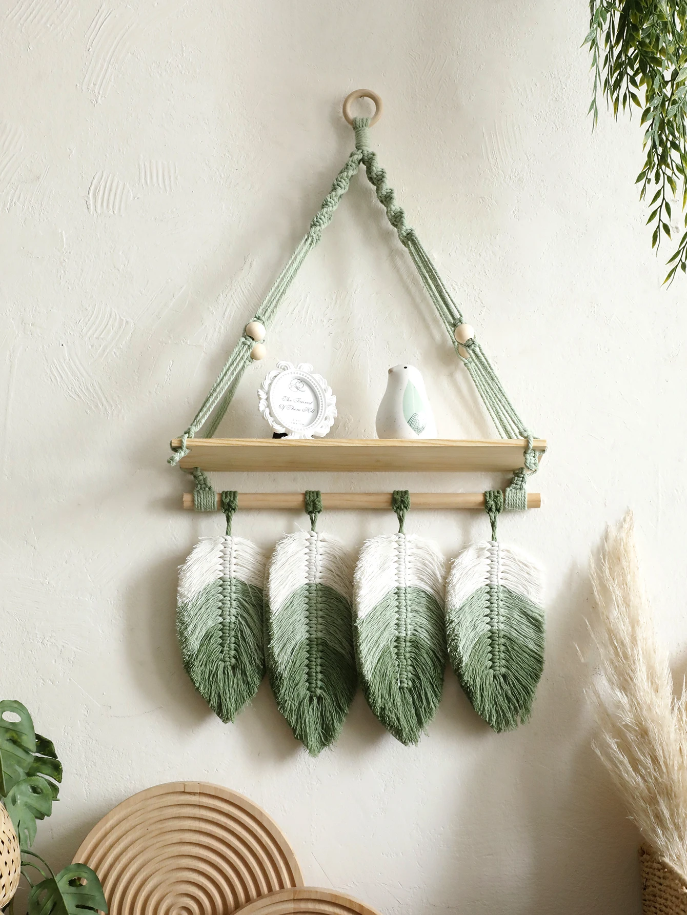 Macrame Wall Hanging Shelf with Leaf Tassels Floating Wall Shelf Boho Rustic Home Decor fo Living Room, Bedroom, Nursery Gift