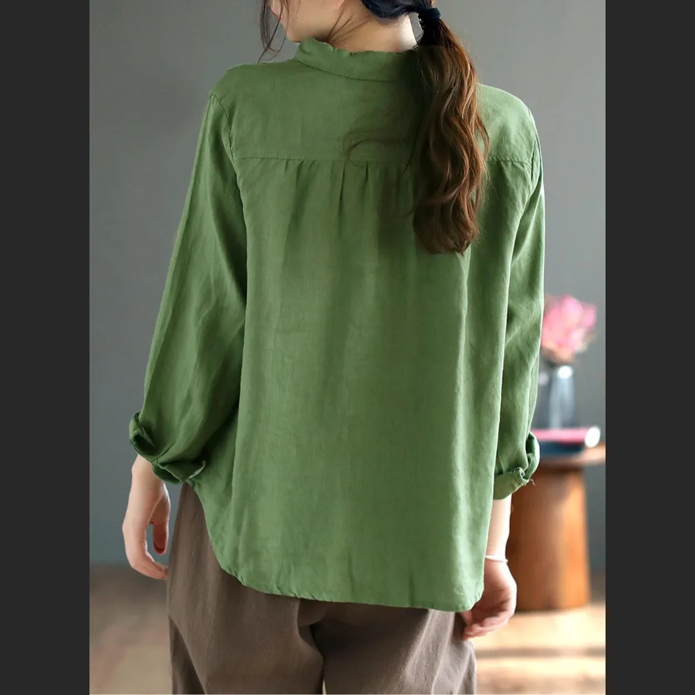 Retro-Ethno-gestickter Knopf für Damen, Baumwolle und Leinen, lang, Sve irt, lockere Passform, normale Länge