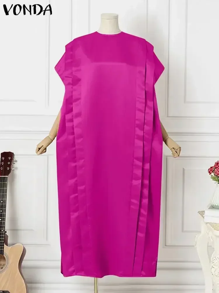 VONDA-Robe Maxi Surdimensionnée en Satin pour Femme, Élégante, à Manches Courtes, à Volants, Décontractée, Couleur Unie, pour Document, Été, 2024