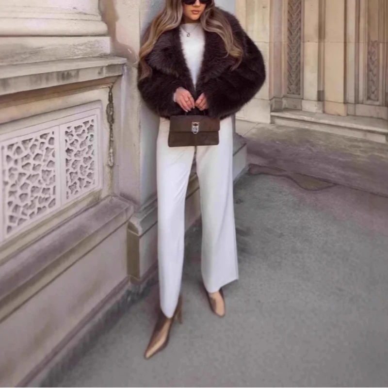 Europeu e americano pele grande lapela casaco de pele do falso curto moda casaco de pele de raposa fofo pelúcia roupas femininas