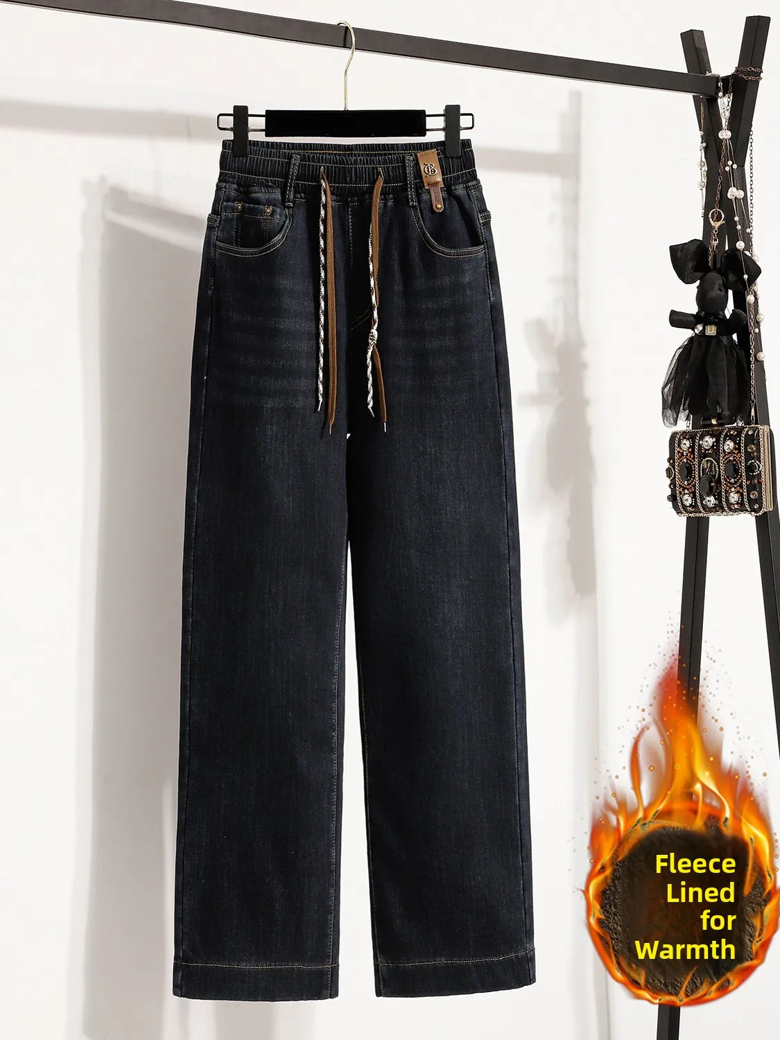 Thickened Fleece Lined High Waist Straight Leg Jeans Women's Warm Casual Retro Style Elastic Waistband All Matched Slim Fit J...