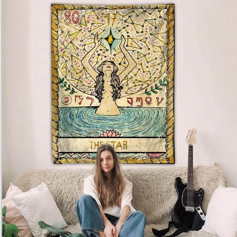 VIKAMA Vintage Tarot The Star Tapestry Mystical Woman in Water Celestial Wall Hanging Witchy Wall Art Bedroom Dorm Living Room