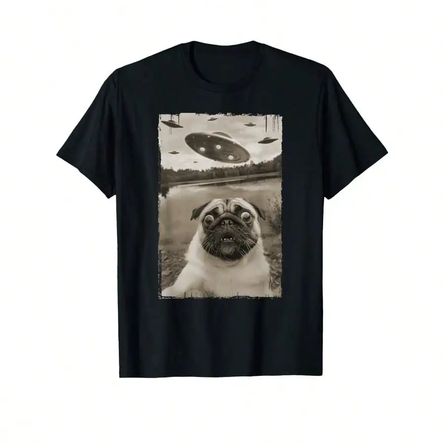 100% Cotton Vintage Pug UFO Encounter Graphic T-Shirt - Crew Neck, Short Sleeve, Regular Fit, Medium Stretch, Geometric Pattern