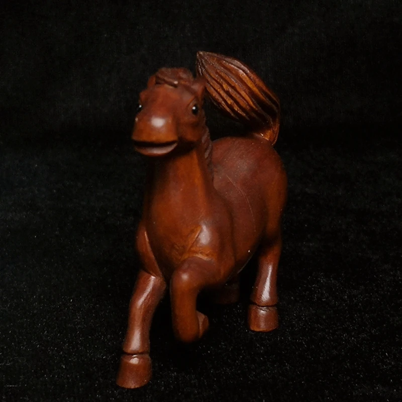 YIZHU CULTUER ART Size H 5.6CM Japanese boxwood Hand carved Horse Figure Statue Netsuke Decoration Gift