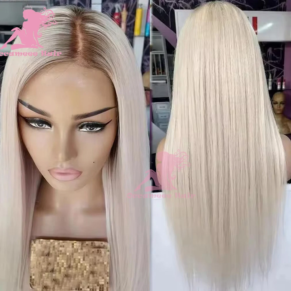 ash blonde lace front wig human hair glueless brown roots Transparent Lace Frontal Wig For Women Pre Plucked Colored Straight