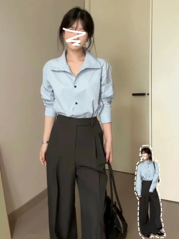 

Женская блузка Ele Blue с воротником-стойкой и длинными рукавами, в корейском стиле, для ранней зимы, новый уникальный дизайн, во французском стиле, однотонная.