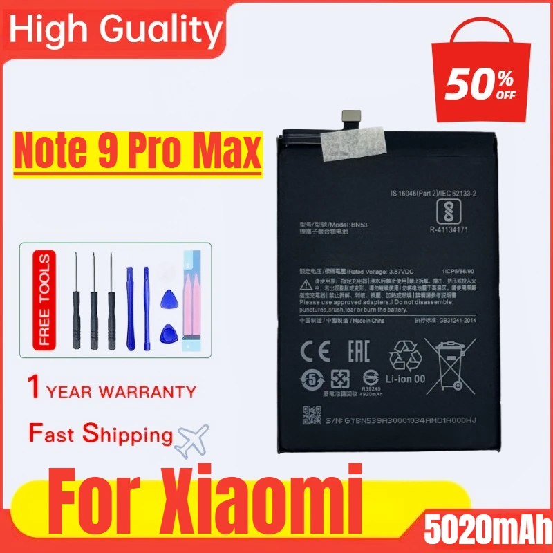 

Suitable for Xiaomi Redmi Note 9 Pro Max Mobile Phone Battery BN53 High Capacity Battery Replacement Batteries with Tools