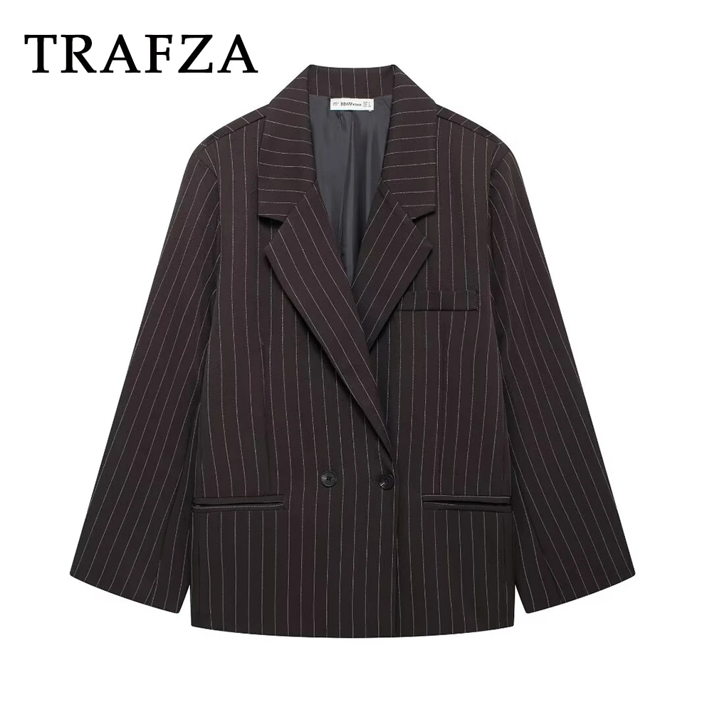 TRAFZA Fashion 2024 Autumn Office Lady Blazer Strip Brown Women Jacket Turn-down Collar Commute Luxury Chic Women Winter Outwear