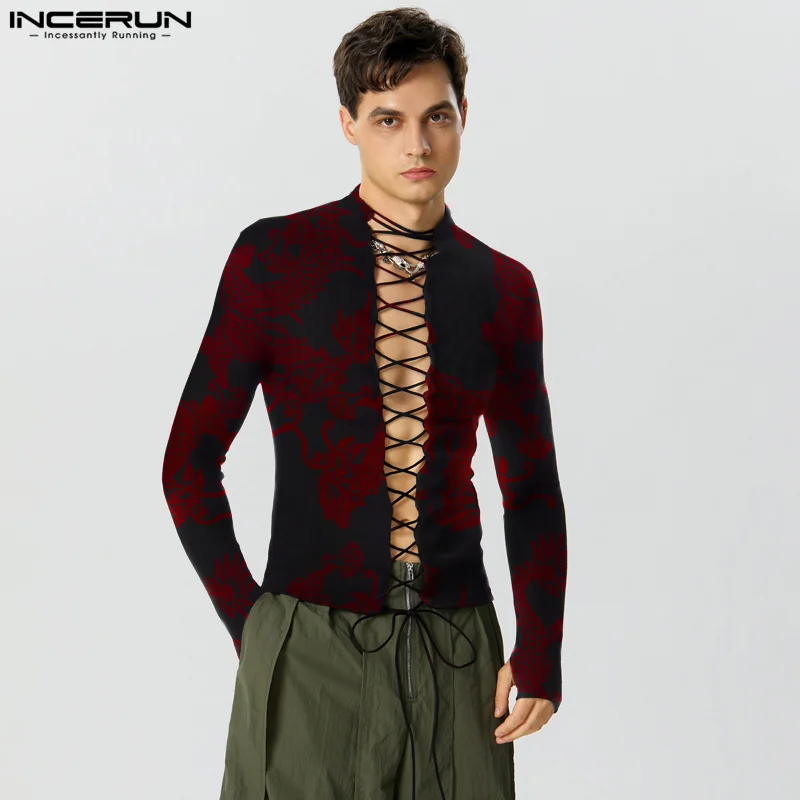 2023 Men\'s T Shirt Printing Stand Collar Long Sleeve Lace Up Men Clothing Streetwear Fitness Fashion Casual Camisetas INCERUN