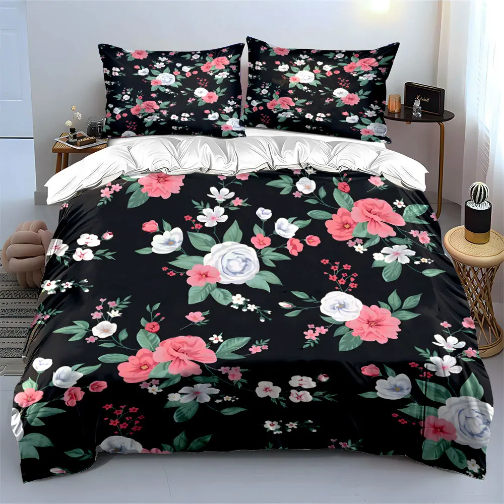 Dark floral pattern with pink white flowers Print Bedding Set 1 Duvet Cover 2 Pillowcases for Adult and Children Luxury Gift