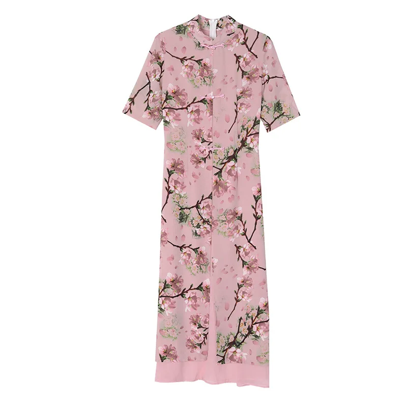 Chinese Style Mandarin Collar Vintage Flower Dress Elegant Cloak Chiffon Party Prom Summer One Piece Robe Female Midi Vestidos