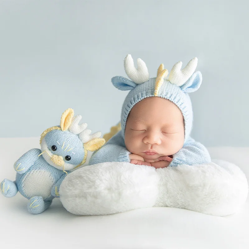 Knit Costume for Baby Newborn Photography Outfits Cute Blue Dragon Clothes Crochet Jumpsuit Hat Doll Baby Photoshoot Accessories