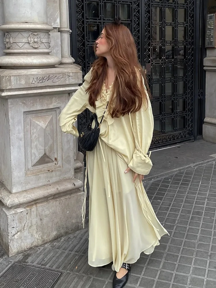 BWQ Vrouwen Elegante Rok Pak Effen Lange Mouwen Kant Los Shirt + Rits Geplooide Trekkoord Decoratie Casual Lange Rok set 2025